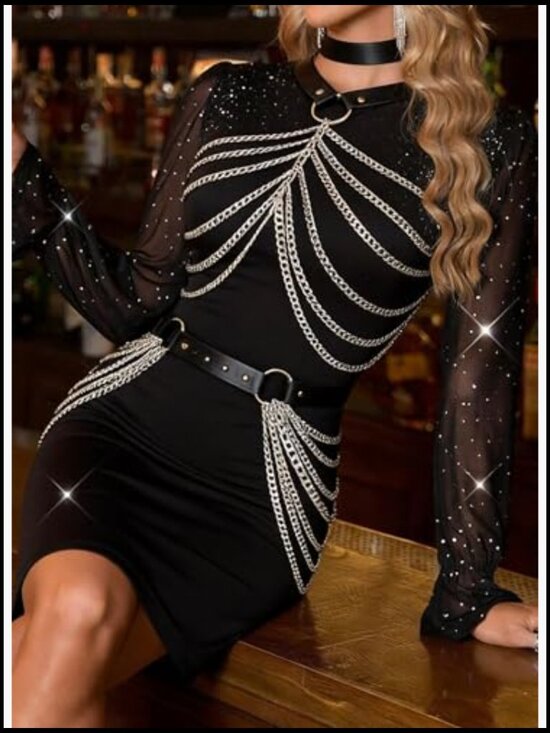 2-Piece Body Chain Harness Set Adjustable Faux Leather Belt Punk Gothic Festival main image 4